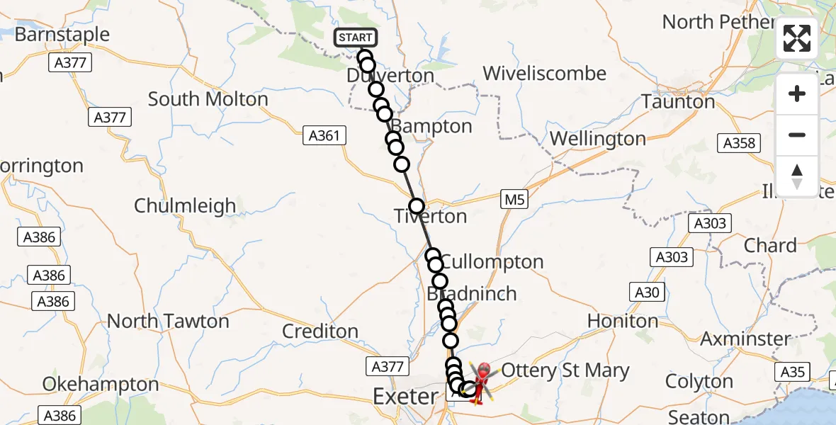 Flight route Air Ambulance Helicopter Dulverton - Exeter International Airport, 15 July 2026, 16:26