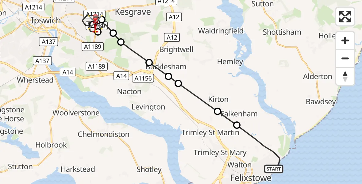 Flight route Air Ambulance Helicopter Felixstowe - Rushmere St Andrew, 15 July 2026, 16:33