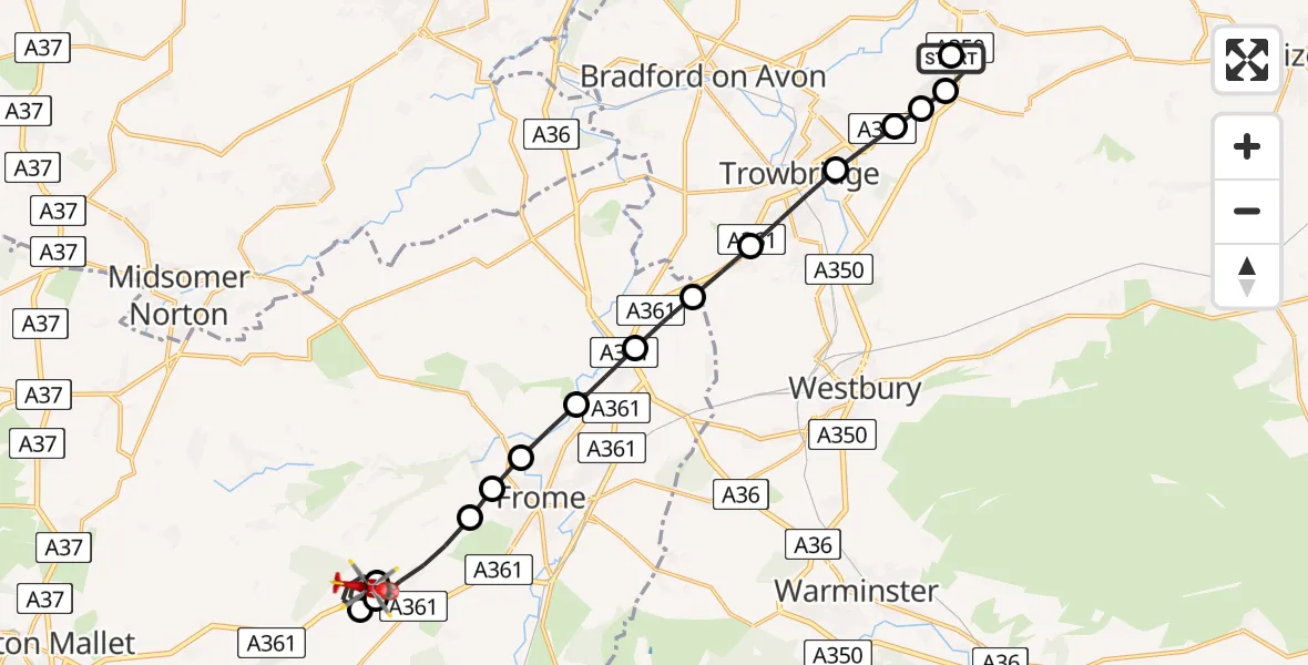 Flight route Air Ambulance Helicopter Wiltshire Air Ambulance - Cloford, 15 July 2026, 16:36
