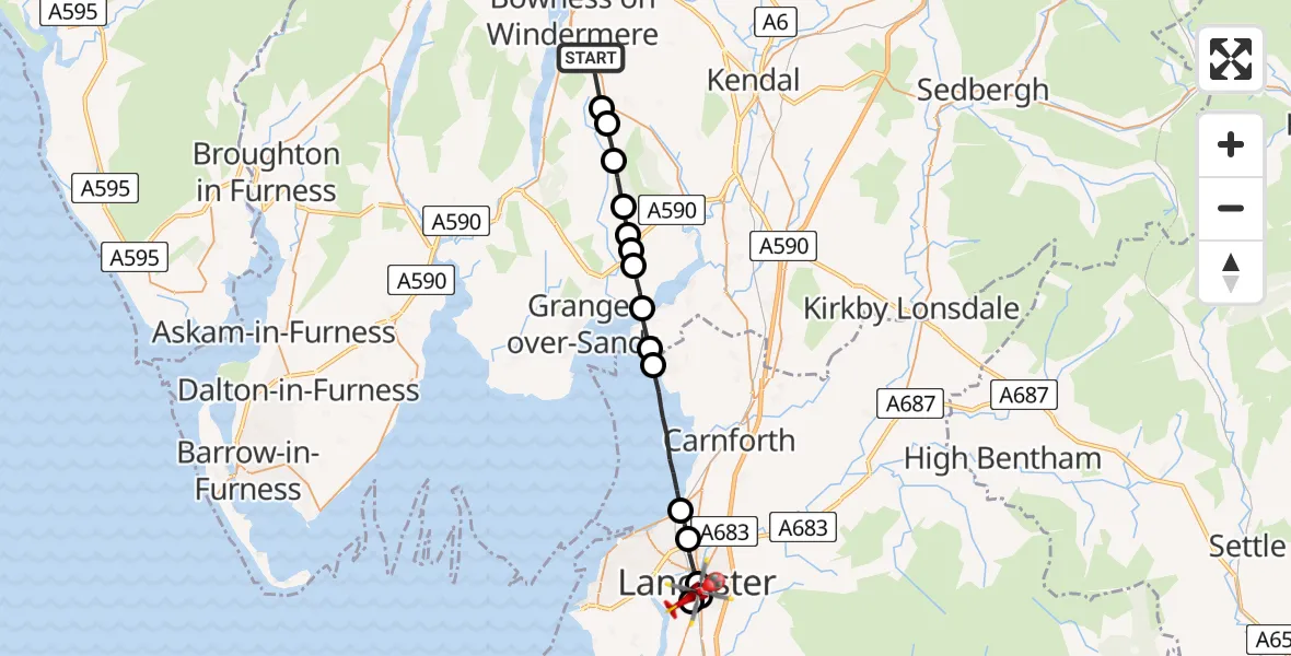 Flight route Air Ambulance Helicopter Winster - Lancaster General, 15 July 2026, 16:44
