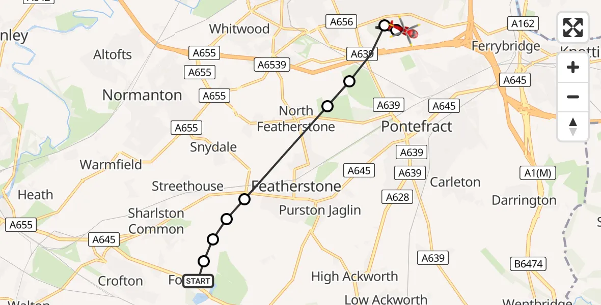 Flight route Air Ambulance Helicopter YAA Nostell Helicopter Port - Pontefract, 15 July 2026, 16:46