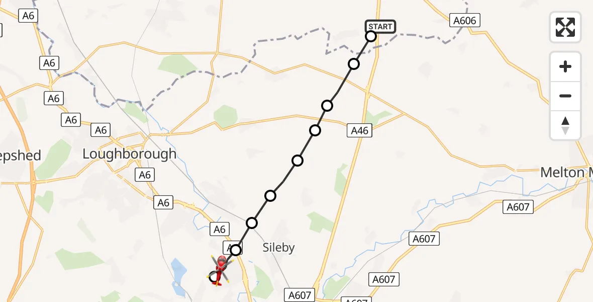 Flight route Air Ambulance Helicopter Rushcliffe - Mountsorrel, 15 July 2026, 16:47