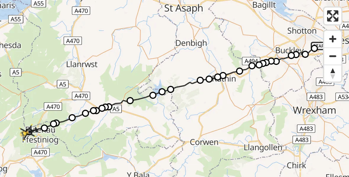 Flight route Police Helicopter Hawarden Airport - Ffestiniog, 15 July 2026, 16:48