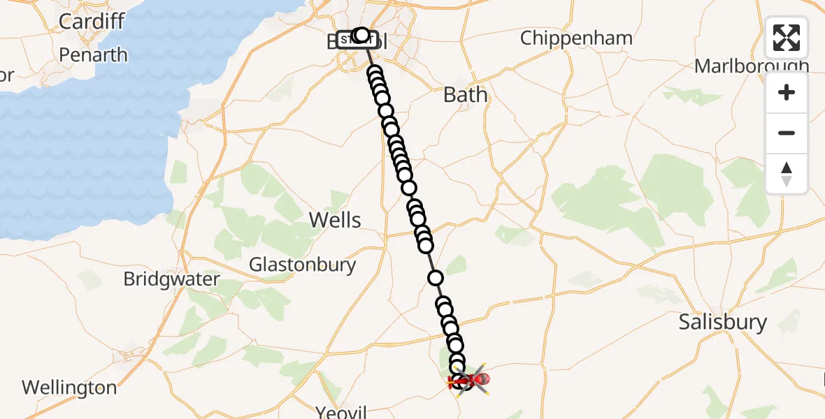 Flight route Air Ambulance Helicopter Bristol Royal Infirmary - Henstridge Airfield, 15 July 2026, 16:56