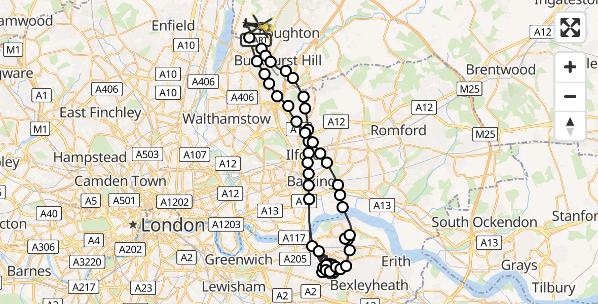 Flight route Police Helicopter Waltham Abbey - Sewardstonebury, 15 July 2026, 17:04