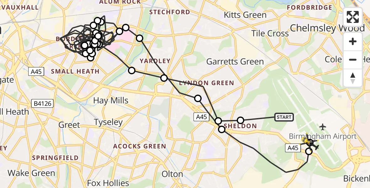 Flight route Police Helicopter Birmingham Airport - Birmingham Airport, 15 July 2026, 17:05
