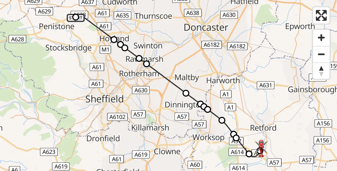 Flight route Air Ambulance Helicopter Barnsley - Retford Gamston Airport, 15 July 2026, 17:06