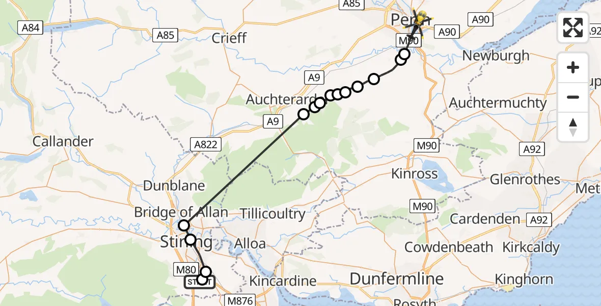 Flight route Police Helicopter Bannockburn - Perth, 15 July 2026, 17:07