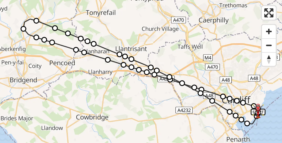 Flight route Air Ambulance Helicopter Cardiff Heliport - Cardiff Heliport, 15 July 2026, 17:15