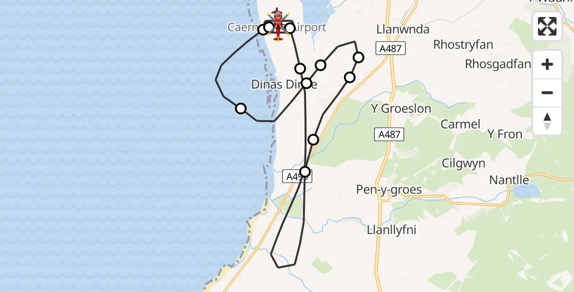 Flight route Air Ambulance Helicopter Caernarfon Airport - Caernarfon Airport, 15 July 2026, 17:16