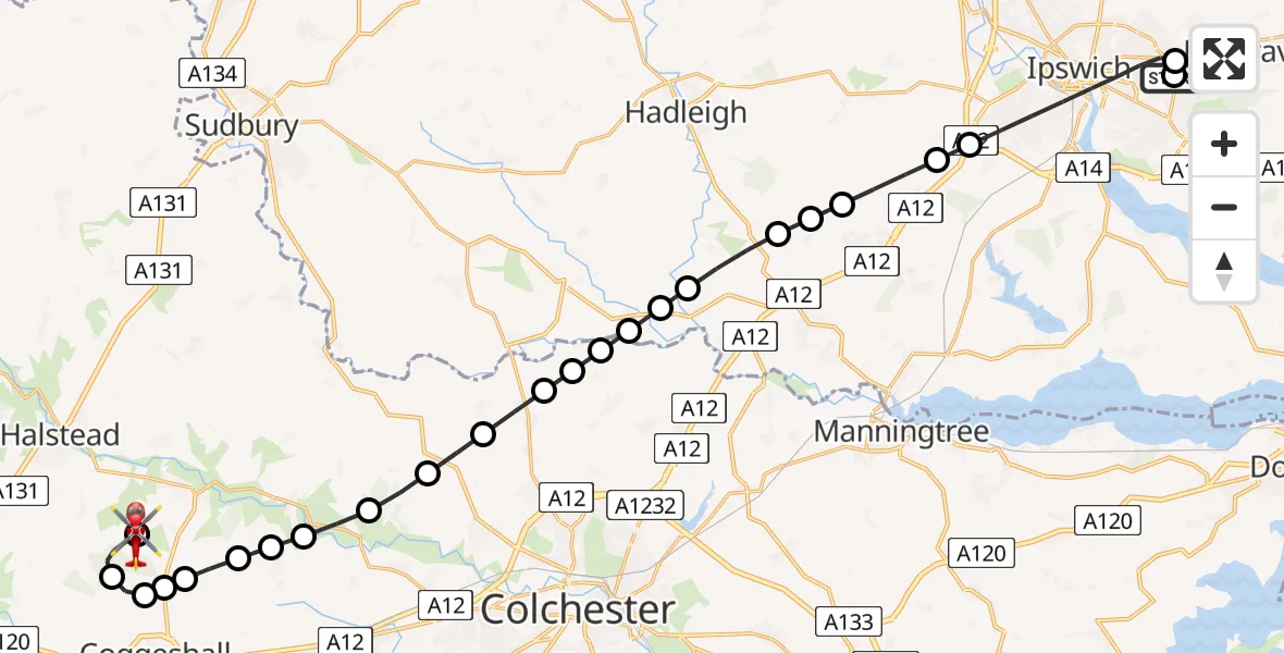 Flight route Air Ambulance Helicopter Ipswich Hospital - Earls Colne Airfield, 15 July 2026, 17:18