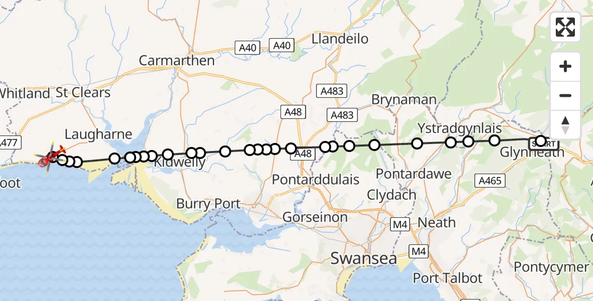 Flight route Air Ambulance Helicopter Pontneddfechan - Pendine, 15 July 2026, 17:22