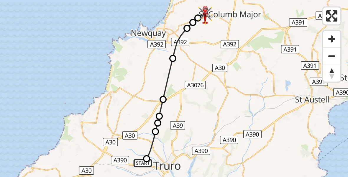 Flight route Air Ambulance Helicopter Treliske Hospital - Cornwall Airport Newquay, 15 July 2026, 17:25
