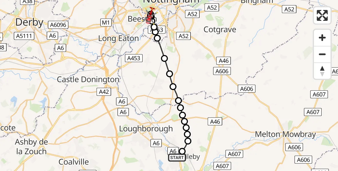 Flight route Air Ambulance Helicopter Mountsorrel - City of Nottingham, 15 July 2026, 17:25
