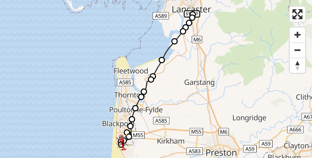 Flight route Air Ambulance Helicopter Lancaster General - Blackpool Airport, 15 July 2026, 17:46