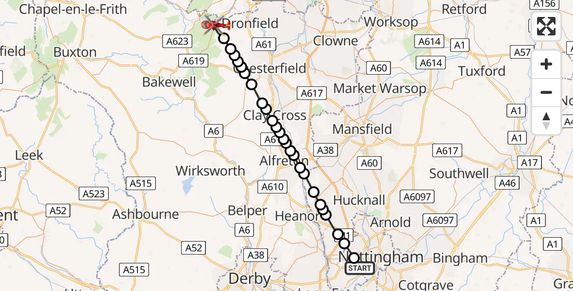 Flight route Air Ambulance Helicopter City of Nottingham - North East Derbyshire, 15 July 2026, 17:55