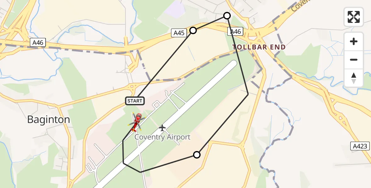 Flight route Air Ambulance Helicopter Coventry Airport - Coventry Airport, 15 July 2026, 17:56