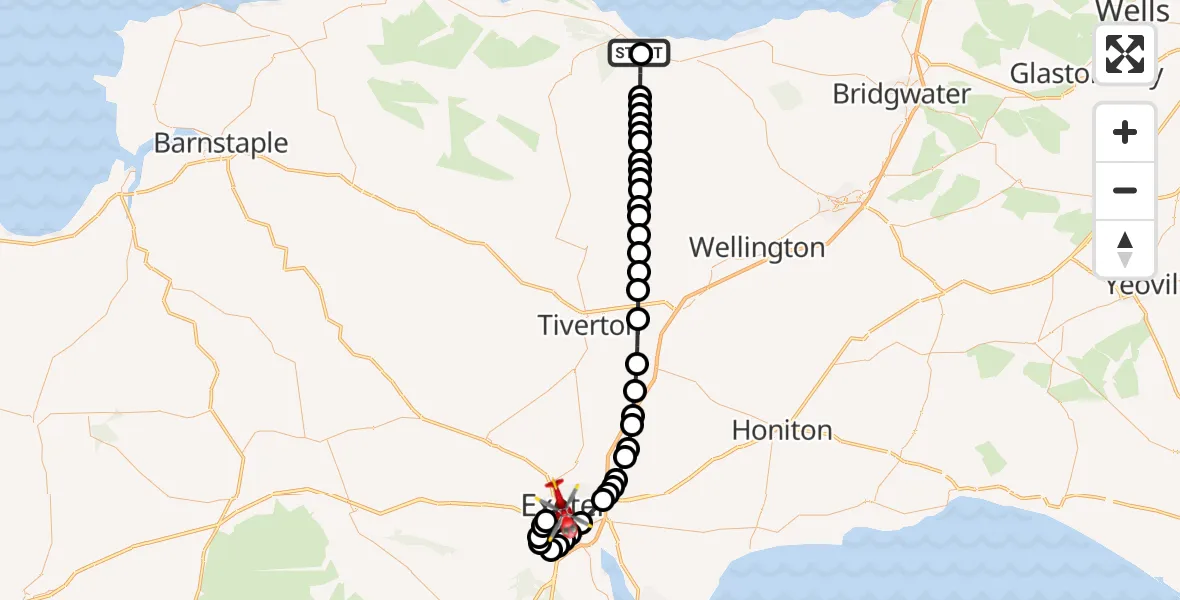 Flight route Air Ambulance Helicopter Blue Anchor - Exeter, 15 July 2026, 17:58