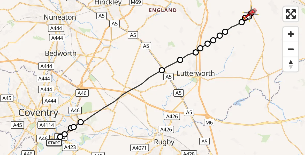 Flight route Air Ambulance Helicopter Coventry Airport - Arnesby, 15 July 2026, 18:05