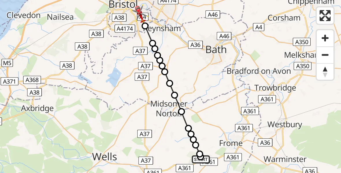 Flight route Air Ambulance Helicopter Nunney - Bristol, 15 July 2026, 18:08