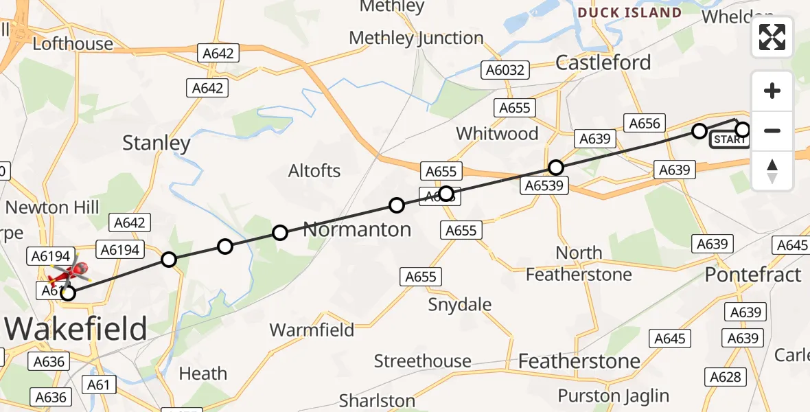 Flight route Air Ambulance Helicopter Pontefract - Newton Hill, 15 July 2026, 18:11