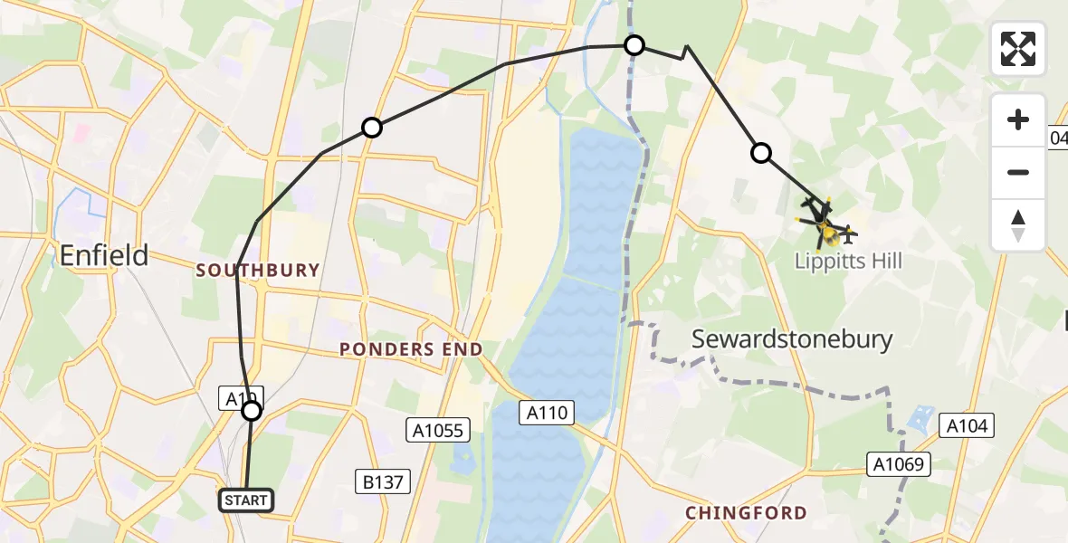Flight route Police Helicopter Edmonton - Sewardstonebury, 15 July 2026, 18:20