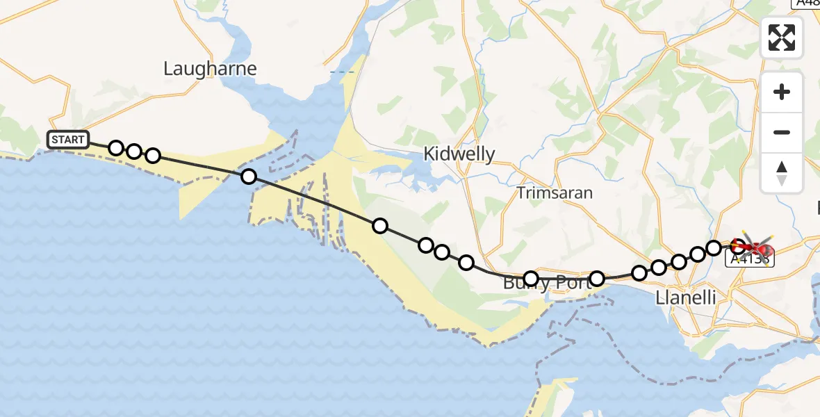 Flight route Air Ambulance Helicopter Pendine - Dafen, 15 July 2026, 18:21