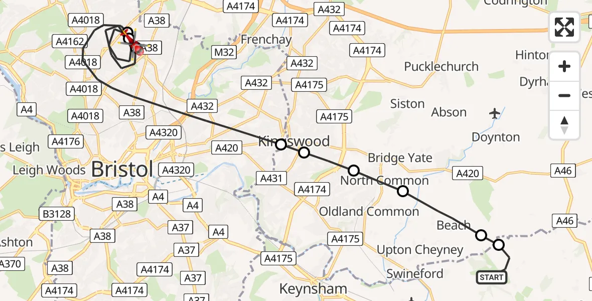 Flight route Air Ambulance Helicopter Lansdown - Bristol, 15 July 2026, 18:30