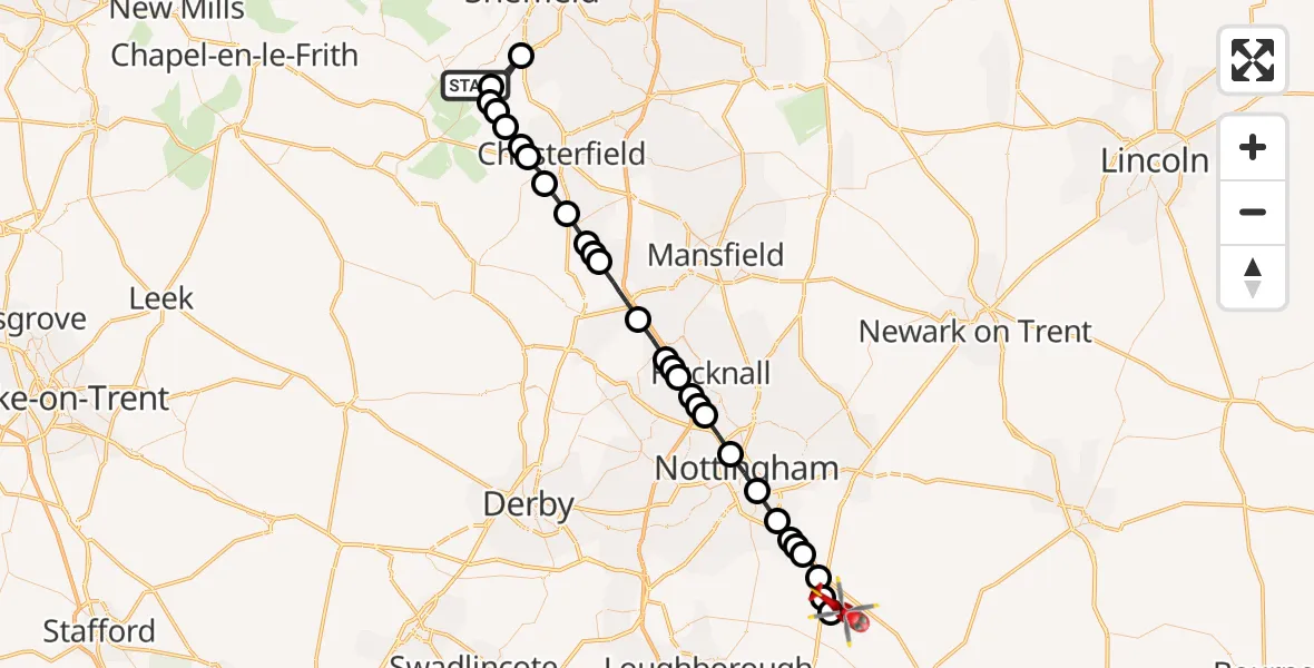 Flight route Air Ambulance Helicopter North East Derbyshire - Rushcliffe, 15 July 2026, 18:32