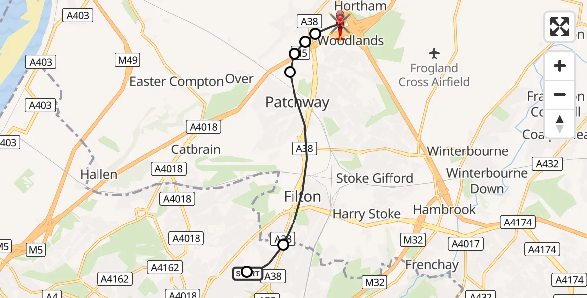 Flight route Air Ambulance Helicopter Southmead Hospital - Almondsbury Helicopter Base, 15 July 2026, 18:34