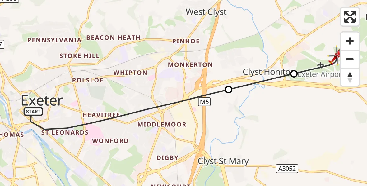 Flight route Air Ambulance Helicopter Exeter - Exeter International Airport, 15 July 2026, 18:40