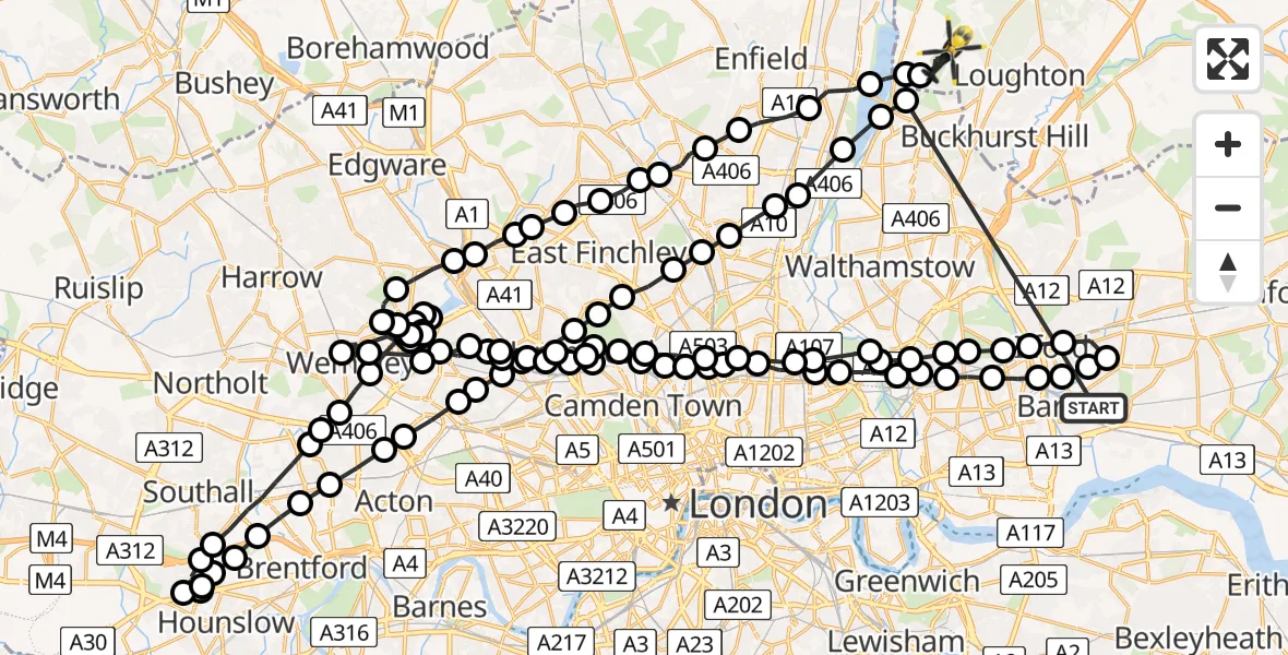 Flight route Police Helicopter Thames View - Metropolitan Police Air Support Unit Lippitts Hill, 15 July 2026, 18:50