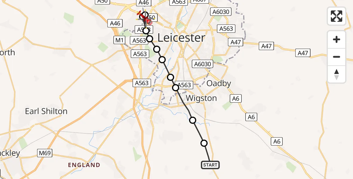 Flight route Air Ambulance Helicopter Harborough - New Parks, 15 July 2026, 18:56