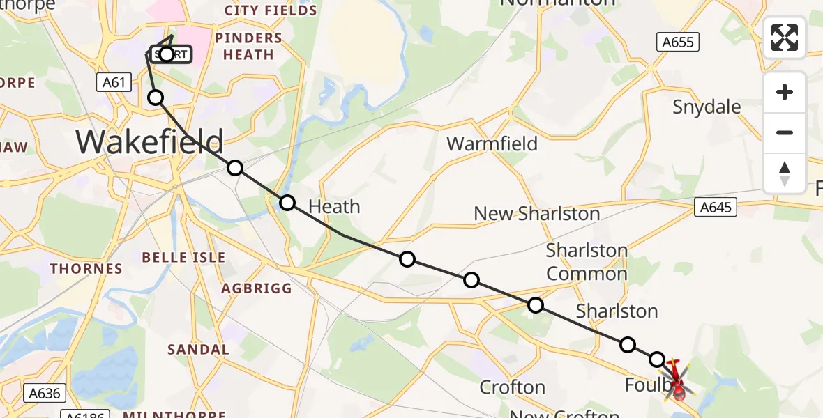 Flight route Air Ambulance Helicopter Newton Hill - YAA Nostell Helicopter Port, 15 July 2026, 18:57