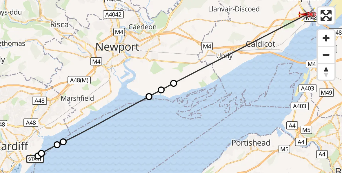 Flight route Air Ambulance Helicopter Cardiff Heliport - Chepstow, 15 July 2026, 19:01