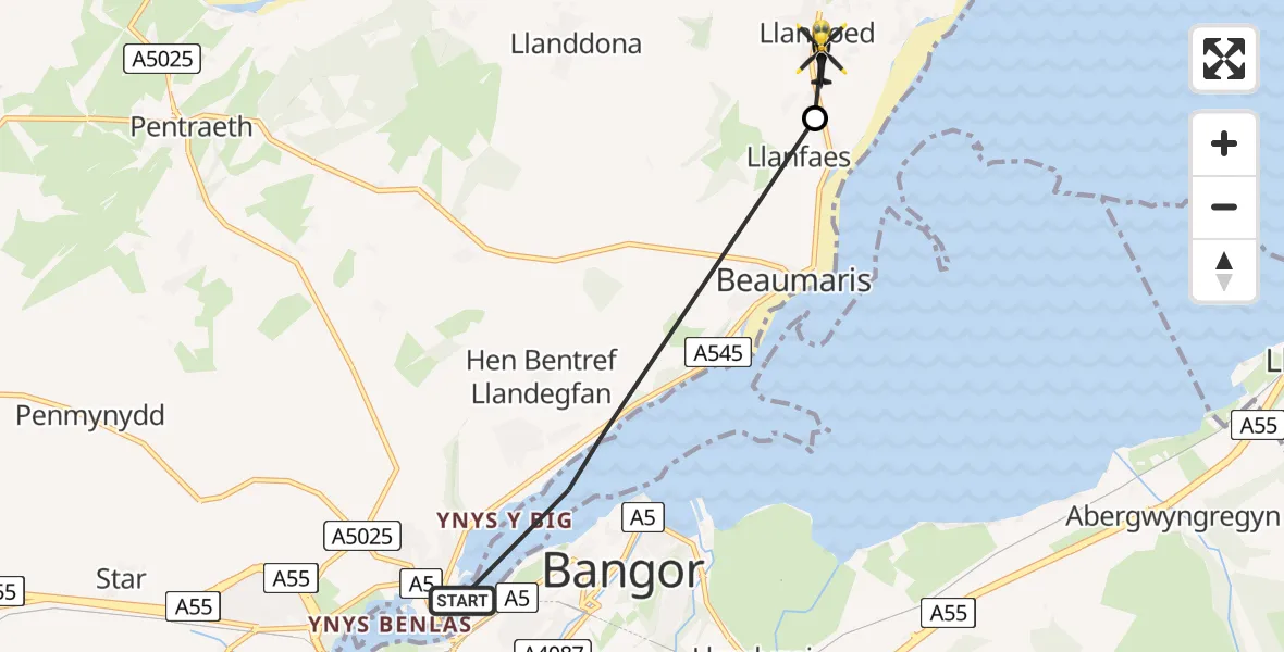 Flight route Police Helicopter Menai Bridge - Llangoed, 15 July 2026, 19:05