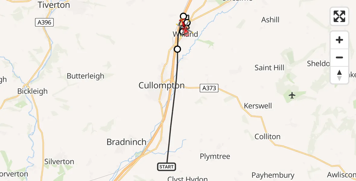 Flight route Air Ambulance Helicopter Cullompton - Halberton, 15 July 2026, 19:16