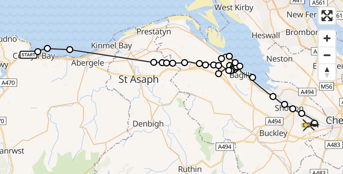 Flight route Police Helicopter Colwyn Bay - Broughton and Bretton, 15 July 2026, 19:16