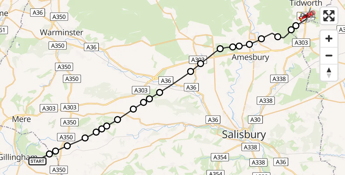 Flight route Air Ambulance Helicopter Motcombe - Tidworth, 15 July 2026, 19:16