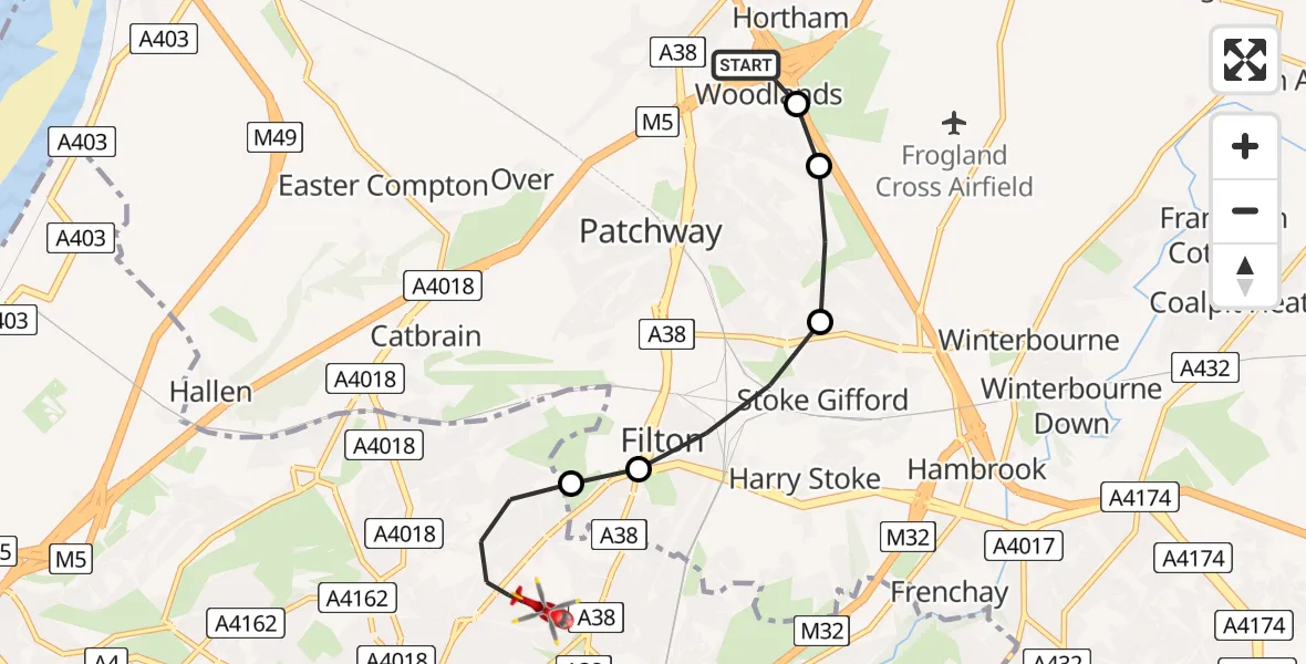 Flight route Air Ambulance Helicopter Almondsbury Helicopter Base - Bristol, 15 July 2026, 19:16