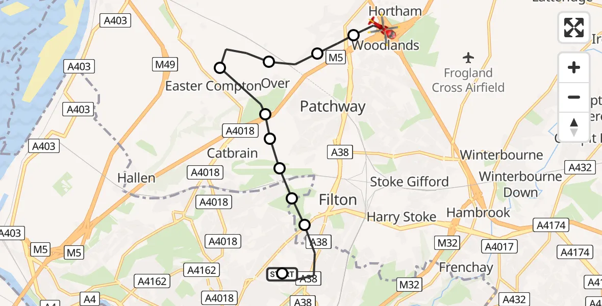 Flight route Air Ambulance Helicopter Southmead Hospital - Almondsbury Helicopter Base, 15 July 2026, 19:17