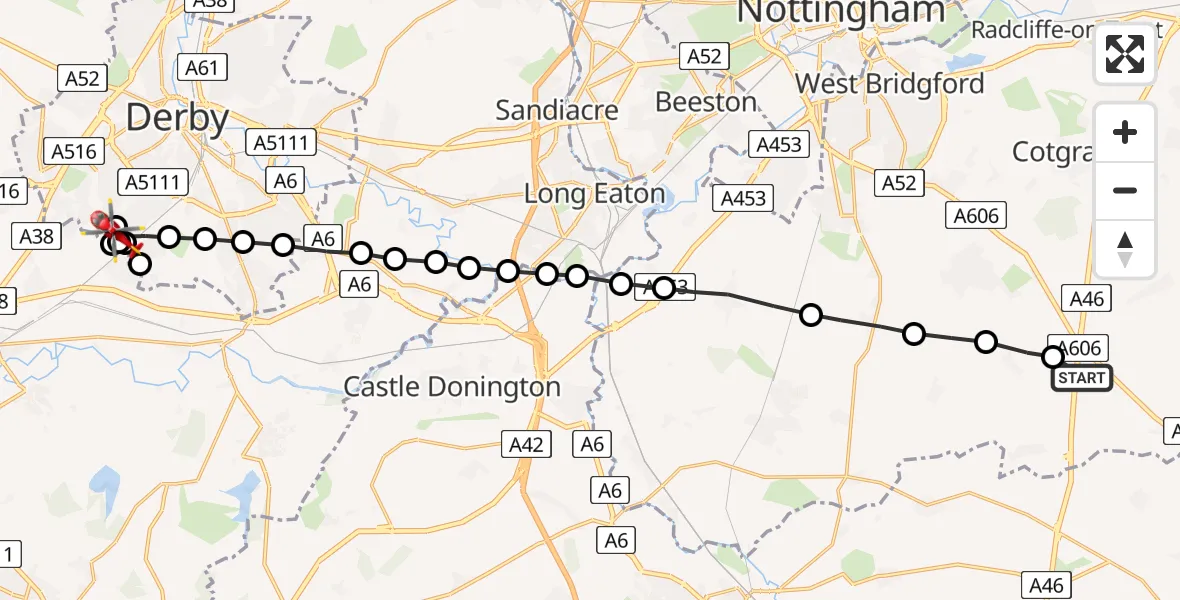 Flight route Air Ambulance Helicopter Rushcliffe - Heatherton, 15 July 2026, 19:31