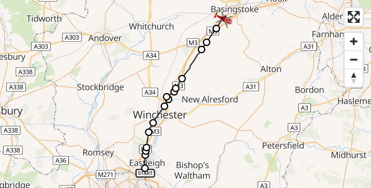 Flight route Air Ambulance Helicopter Southampton Airport - Basingstoke, 15 July 2026, 19:31