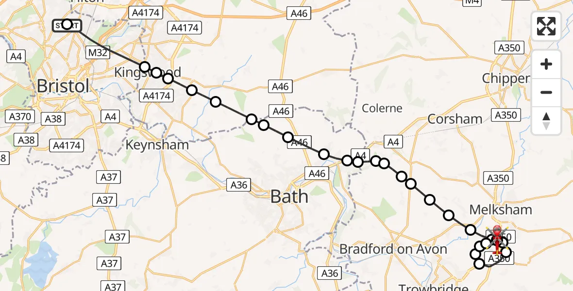 Flight route Air Ambulance Helicopter Southmead Hospital - Wiltshire Air Ambulance, 15 July 2026, 19:36