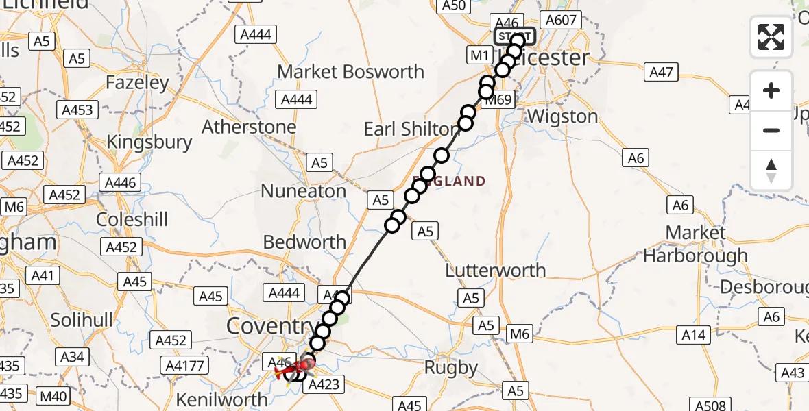 Flight route Air Ambulance Helicopter Bradgate Heights - Coventry Airport, 15 July 2026, 20:02
