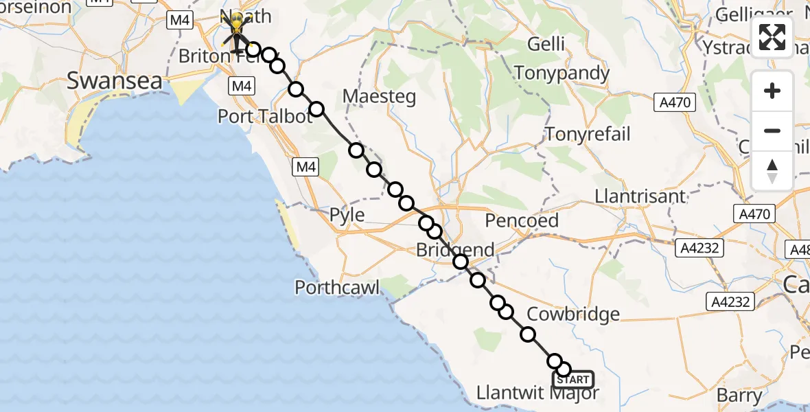Flight route Police Helicopter Eglwys Brewis - Neath, 15 July 2026, 20:06