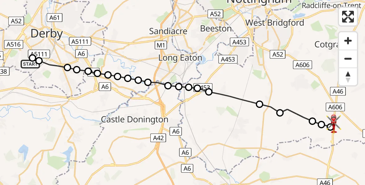 Flight route Air Ambulance Helicopter Sunny Hill - Nottingham Heliport, 15 July 2026, 20:07