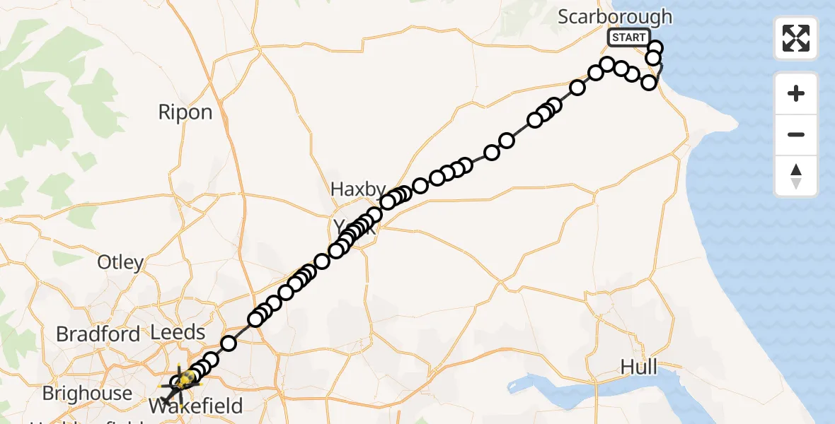 Flight route Police Helicopter Osgodby - East Ardsley, 15 July 2026, 20:09