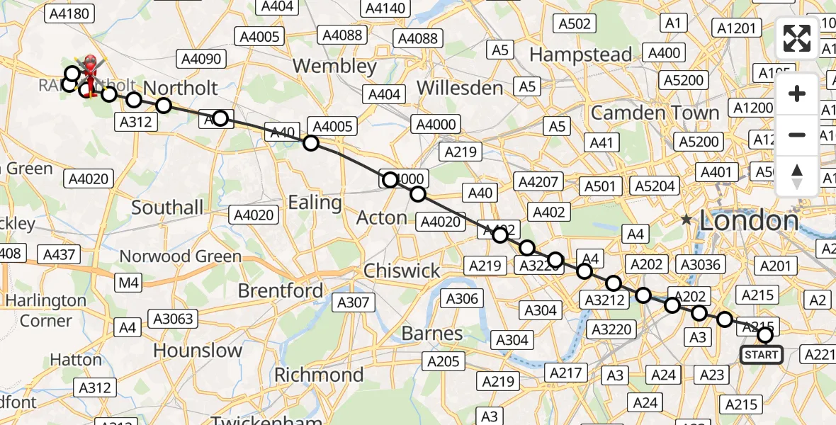 Flight route Air Ambulance Helicopter Kings College London Hospital - RAF Northolt, 15 July 2026, 20:14