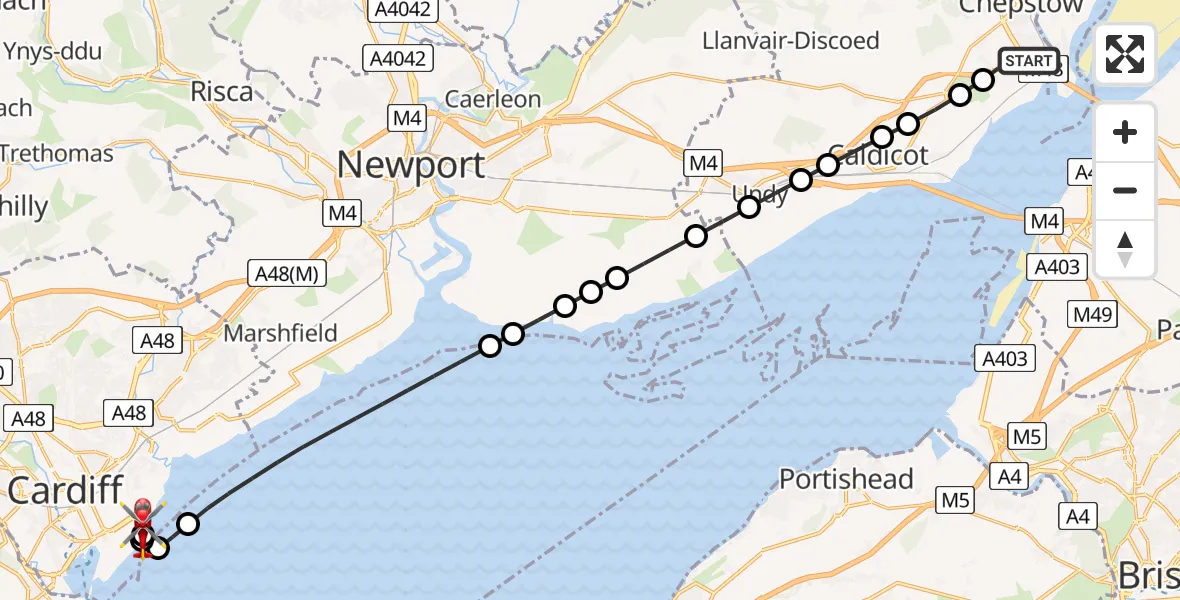 Flight route Air Ambulance Helicopter Chepstow - Cardiff Heliport, 15 July 2026, 20:18
